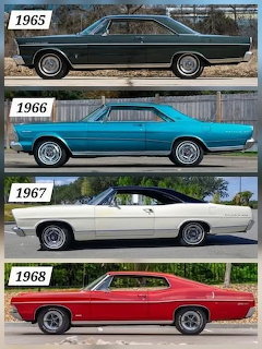 Four-panel collage of classic Ford cars from 1965, 1966, 1967, and 1968 in side view