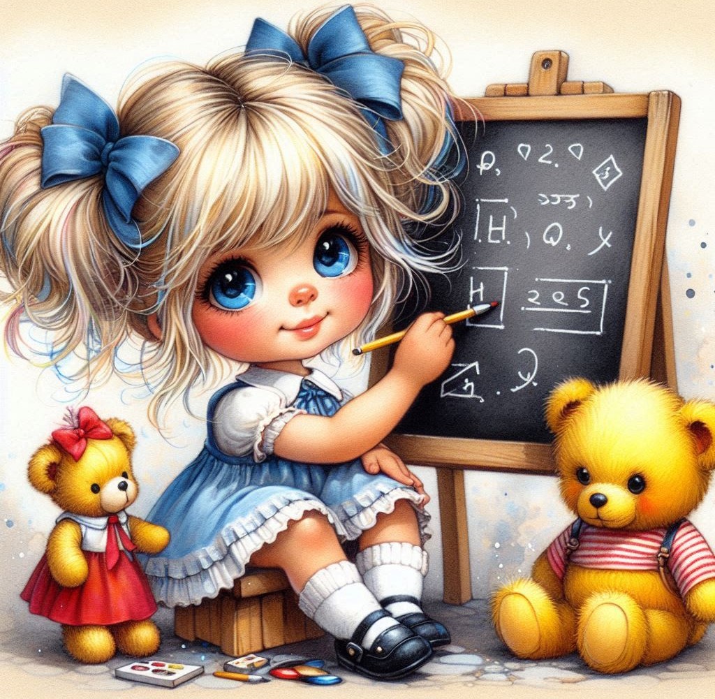 Illustrated girl with blonde pigtails and blue bows next to chalkboard and two teddy bears