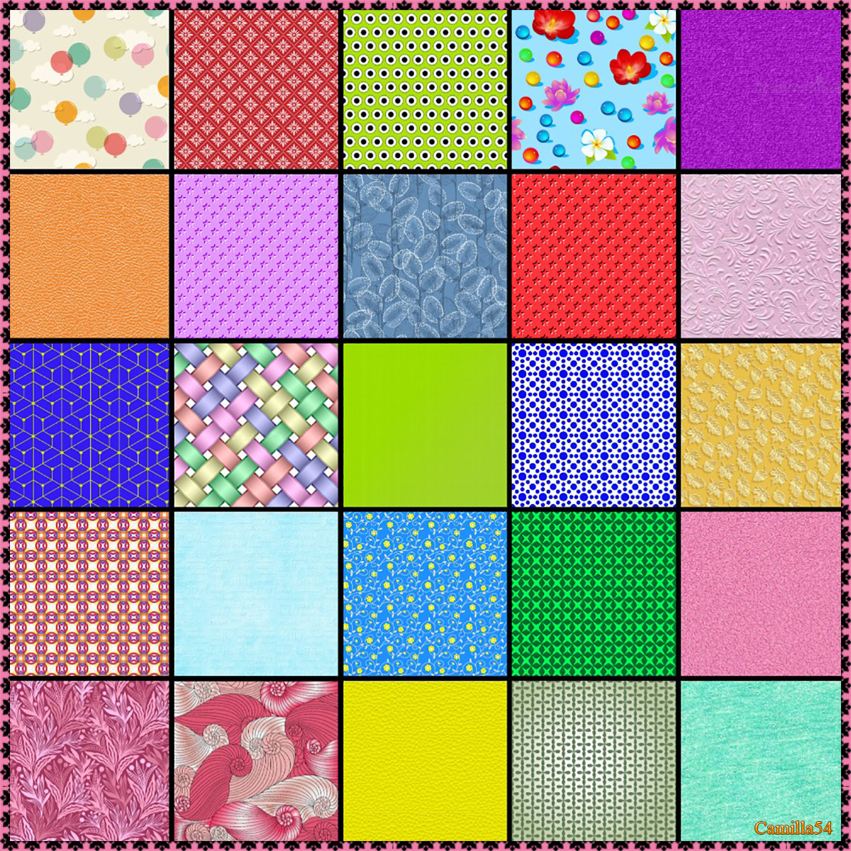 Grid of 25 colorful squares with various patterns including dots, flowers, and geometric designs