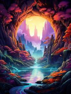 Magical fantasy scene with glowing castle viewed through natural archway of trees and colorful vegetation