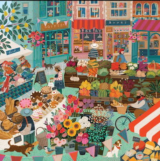 Vibrant illustrated farmers market scene with vendors, flowers, produce, shoppers, and colorful buildings