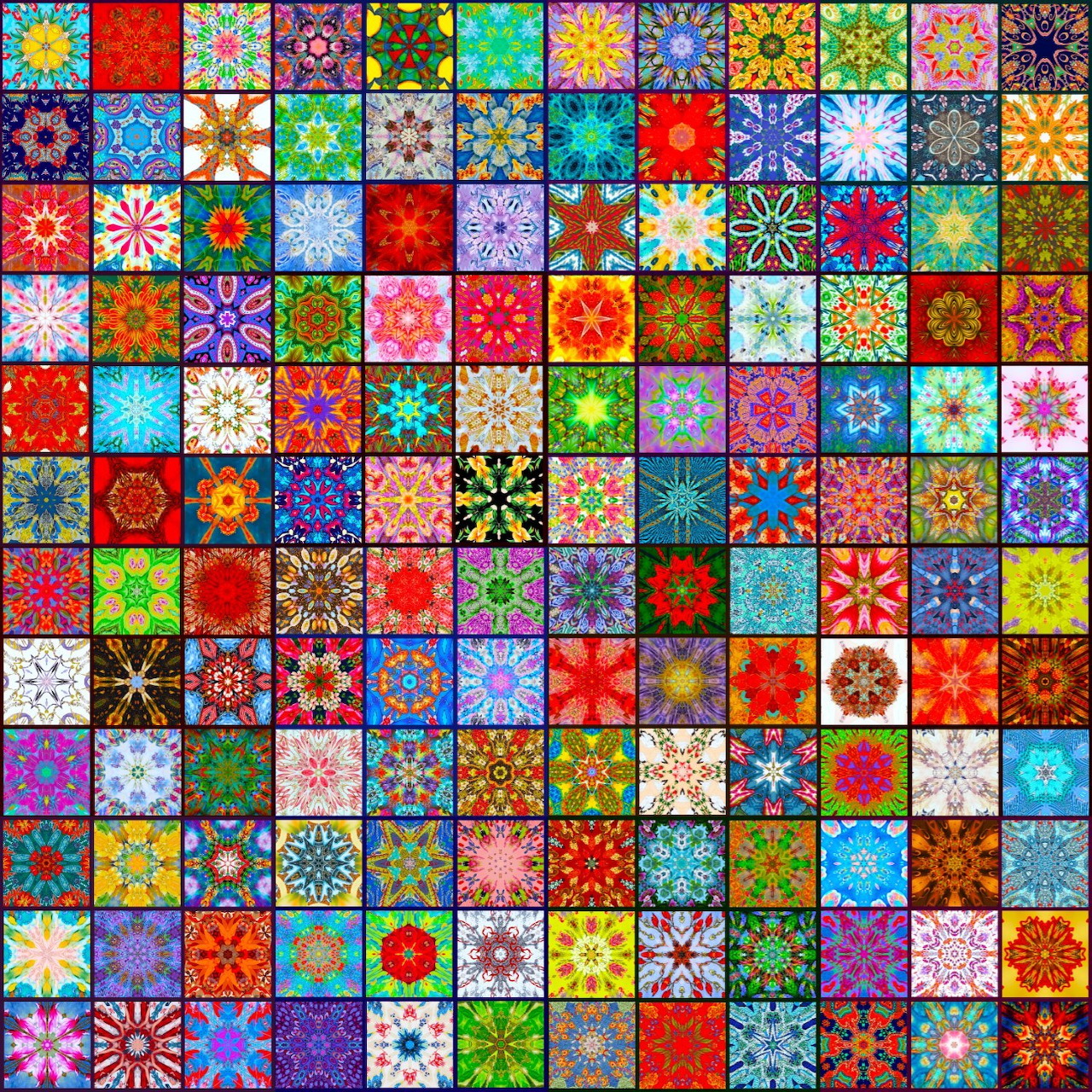Grid of 144 colorful square tiles with mandala and geometric patterns in vibrant blues, reds, greens, and yellows