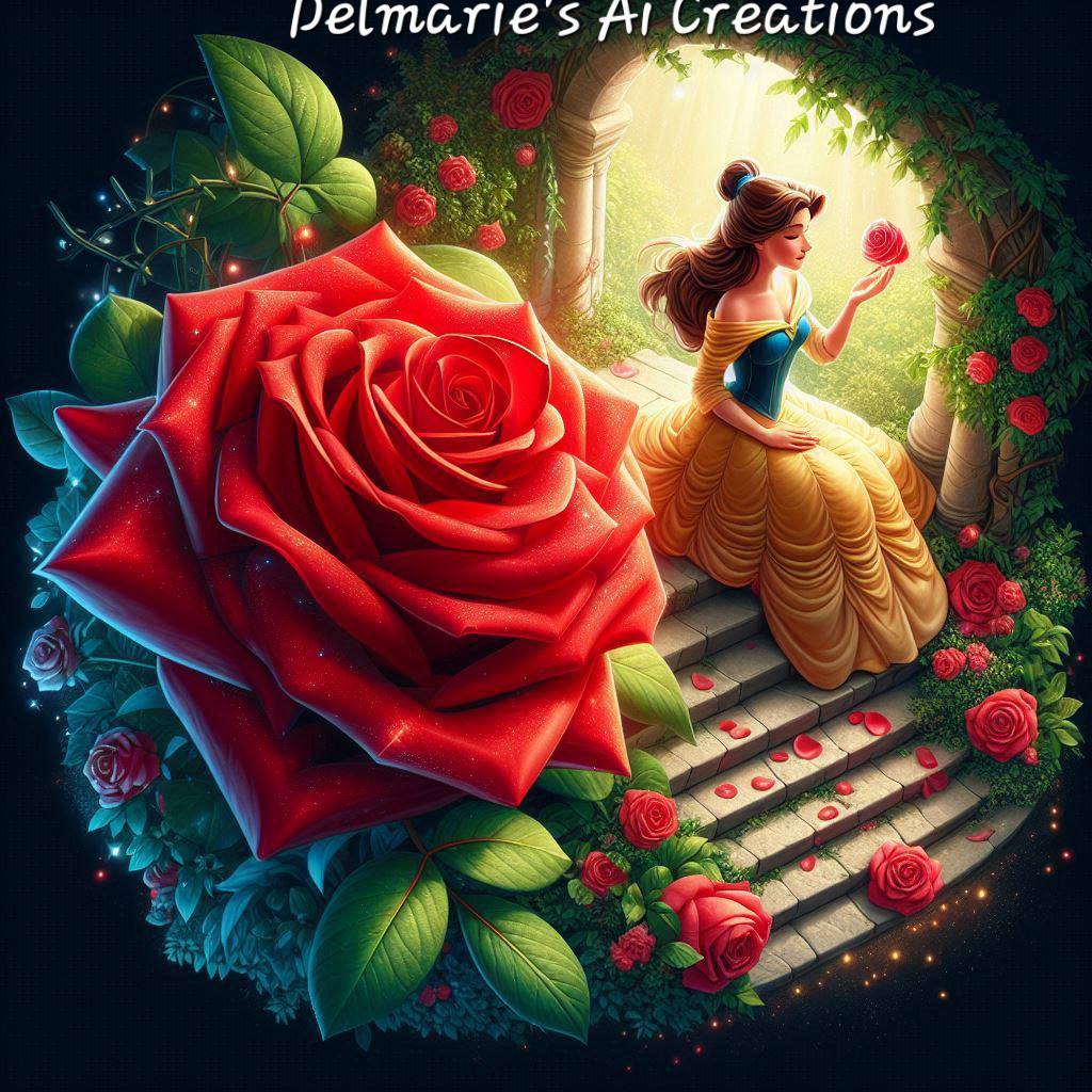 Fantasy woman in a golden dress beside a giant red rose on stone steps surrounded by flowers