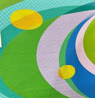 Abstract art with colorful curved shapes, circles, and textured geometric patterns in green, yellow, blue, and pink