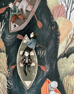 Folk illustration of people in boats on a dark river surrounded by autumn trees viewed from above