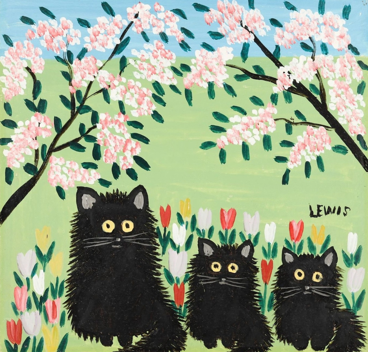 Three black cats with wide eyes in a garden with pink blossoms and tulips, folk art style