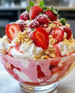 Layered strawberry dessert with whipped cream, fresh berries, and granola in a glass bowl