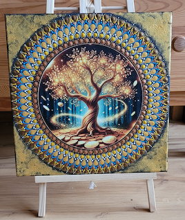 Golden tree of life centered in ornate mandala with blue and gold geometric border patterns