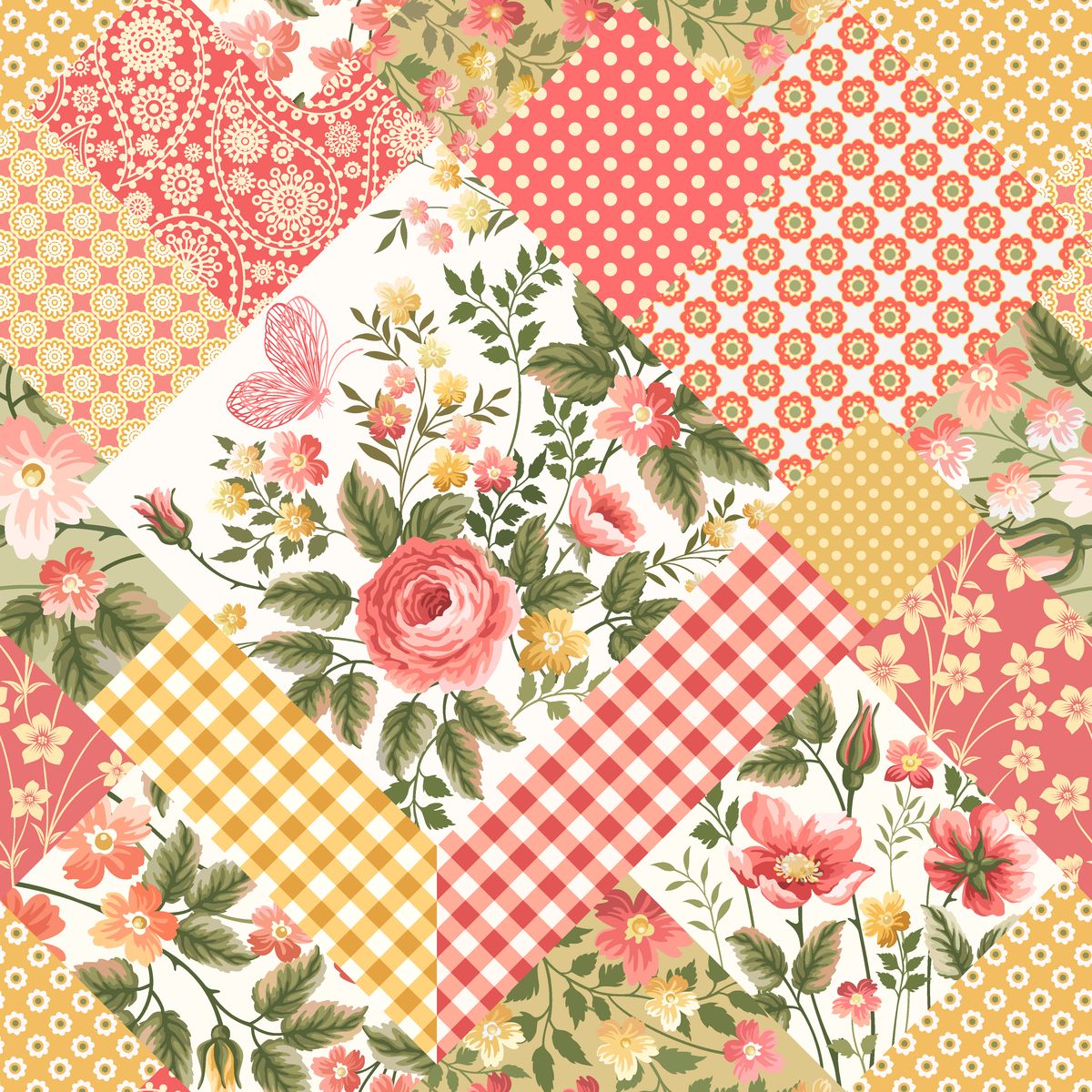 Patchwork quilt pattern with roses, floral prints, gingham checks, and polka dots in coral and yellow