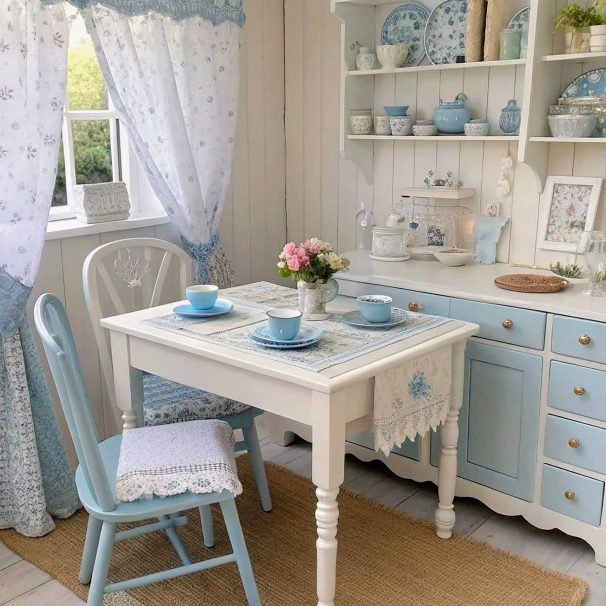 Vintage kitchen corner with white table, blue chair, floral curtains, and powder blue cabinets