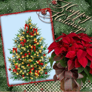 Christmas scene with a decorated tree picture, red poinsettia, evergreen branches, and Merry Christmas text