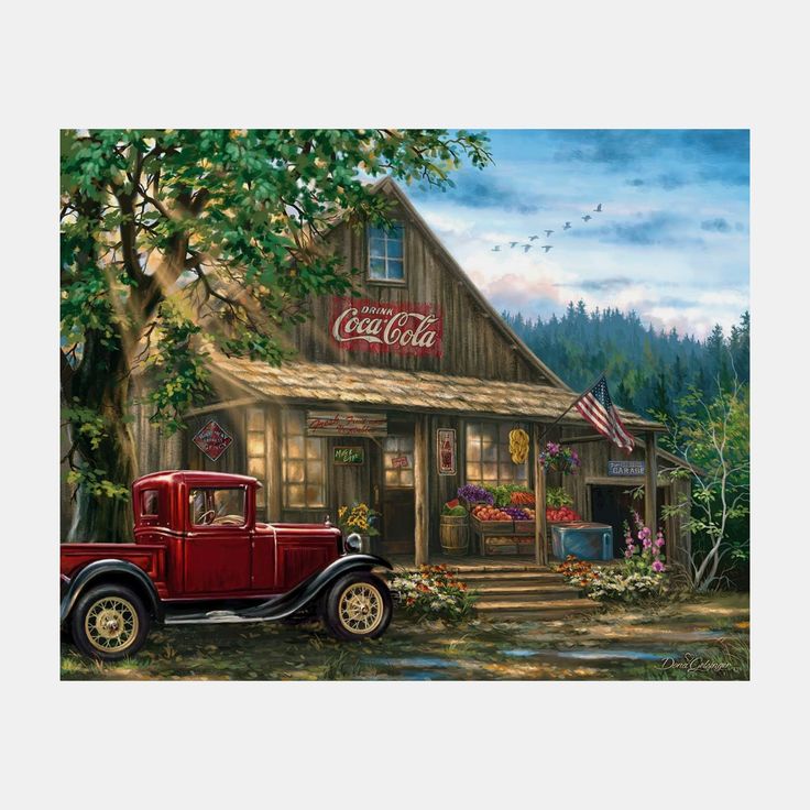 Rustic country general store with vintage red truck and Coca-Cola sign under trees