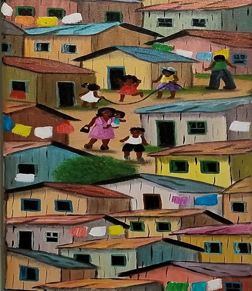 Colorful favela houses stacked closely on a steep hillside