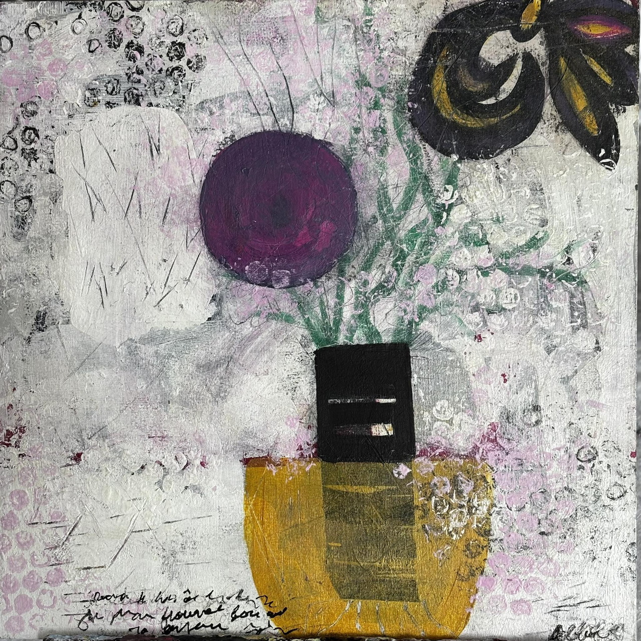 Abstract painting of yellow vase with purple flower and dark butterfly on white textured background