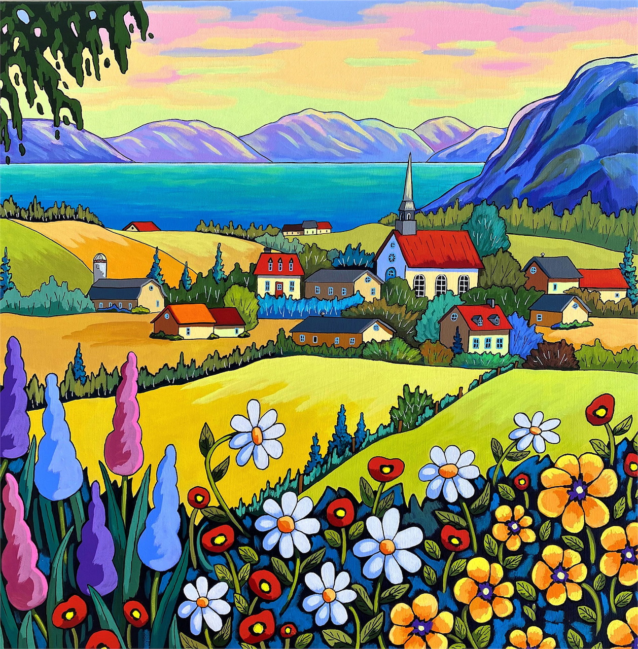 Colorful painting of a lakeside village with fields of flowers, mountains, and dramatic sunset sky