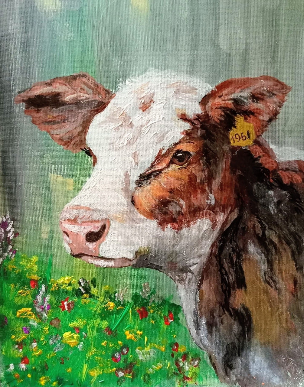 Oil painting of a brown and white cow with flowers in foreground against teal background