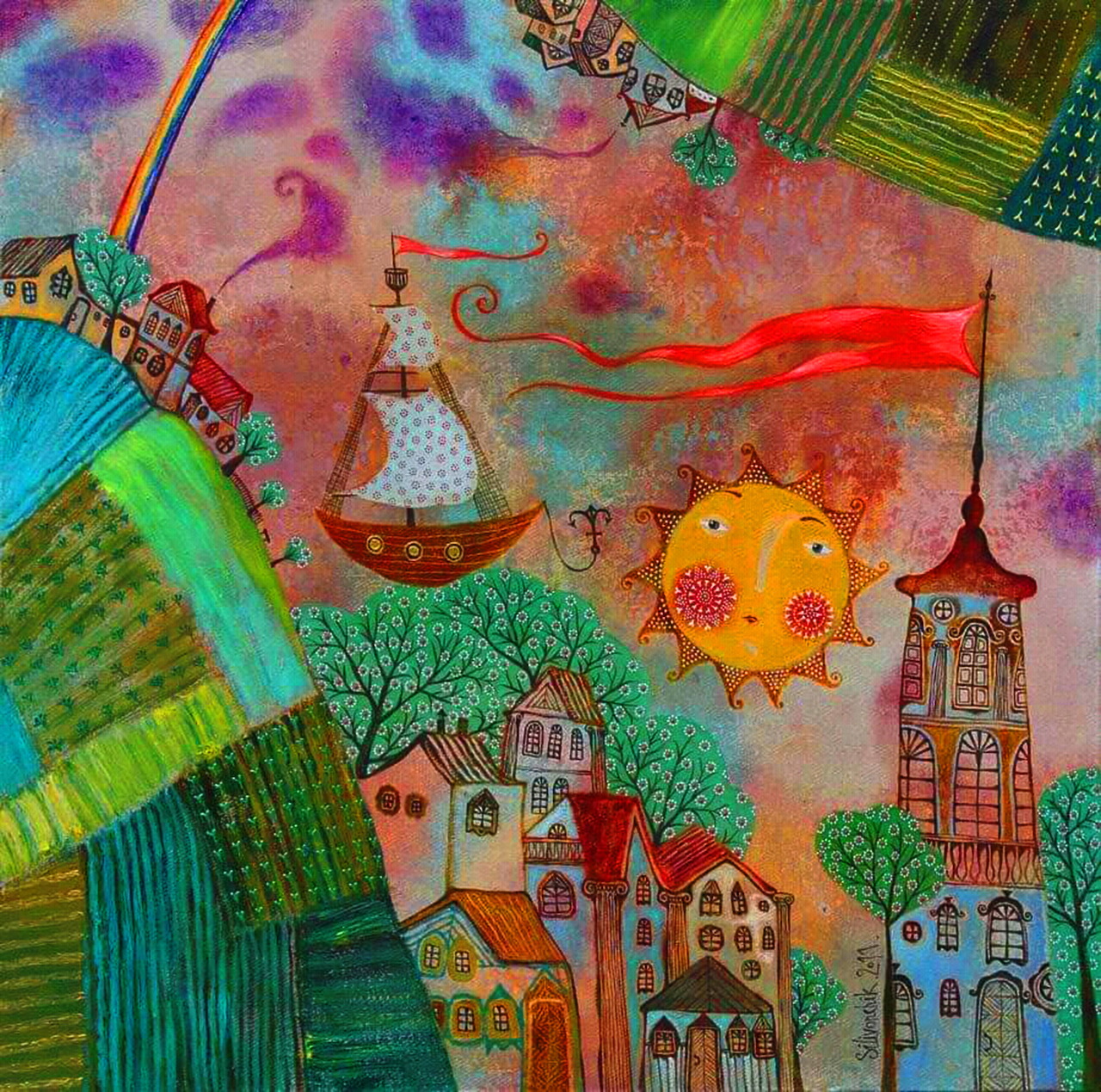 Whimsical Village with Rainbow Sky