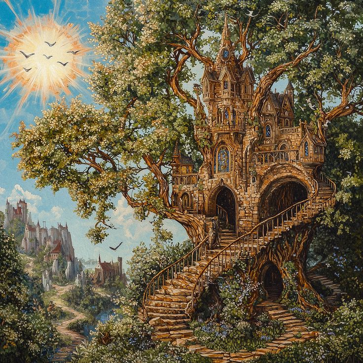 Detailed fantasy illustration of an ornate Gothic treehouse with spiral stairs and towers built into a large tree