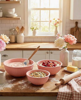 Pink mixing bowls with baking ingredients on a wooden kitchen counter with flowers and a sunny window