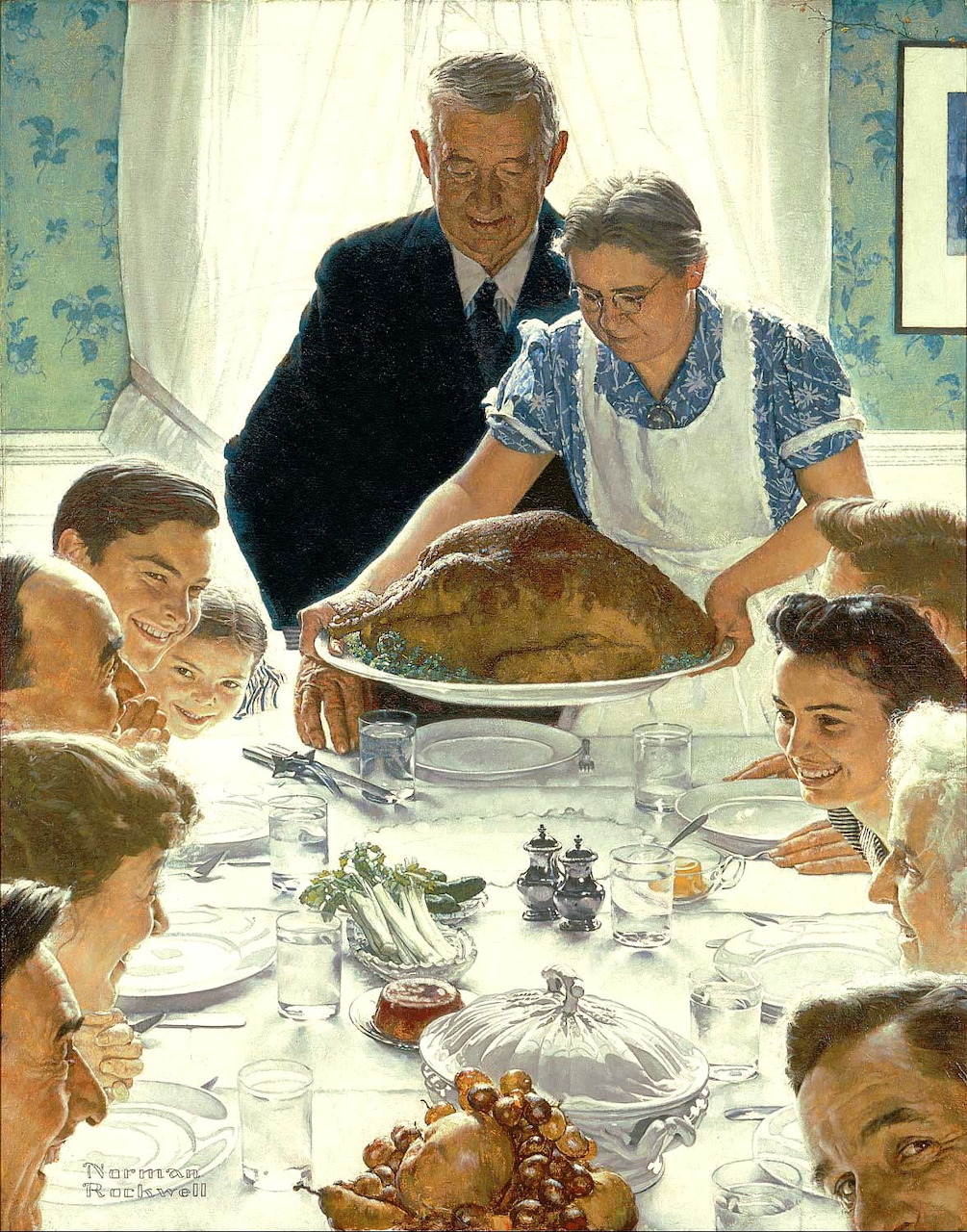 Norman Rockwell painting of family Thanksgiving dinner scene with turkey being served