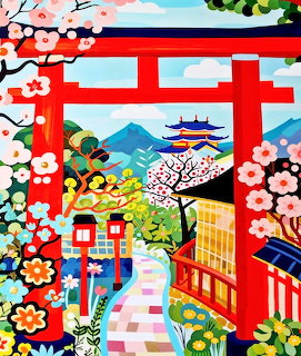 Colorful illustration of red torii gates with Japanese temples, cherry blossoms, and mountains in background