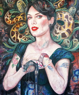 Portrait painting of woman with tattoos, dark hair, red lips, hands at chest, colorful patterned background