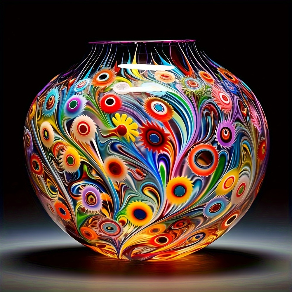 Round glass vase with bright swirling peacock feather patterns in rainbow colors against black background