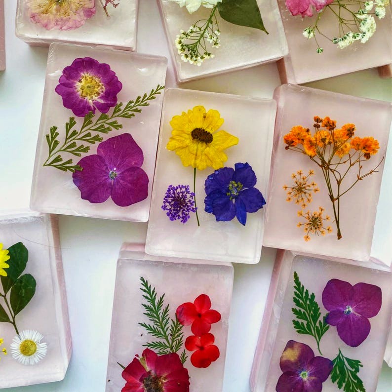 Flat lay of translucent glycerin soap bars with embedded colorful pressed flowers on white background