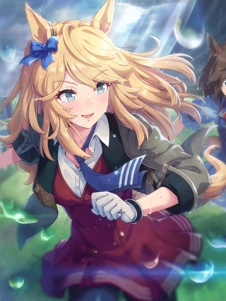 Anime girl Gold City from Umamusume in racing uniform, SSR card illustration