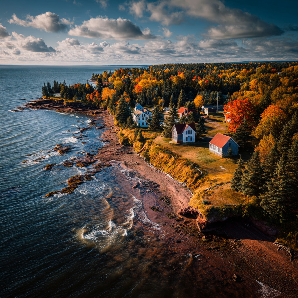 Aerial view of coastal houses on a cliff with colorful fall trees and ocean waves along Prince Edward Island