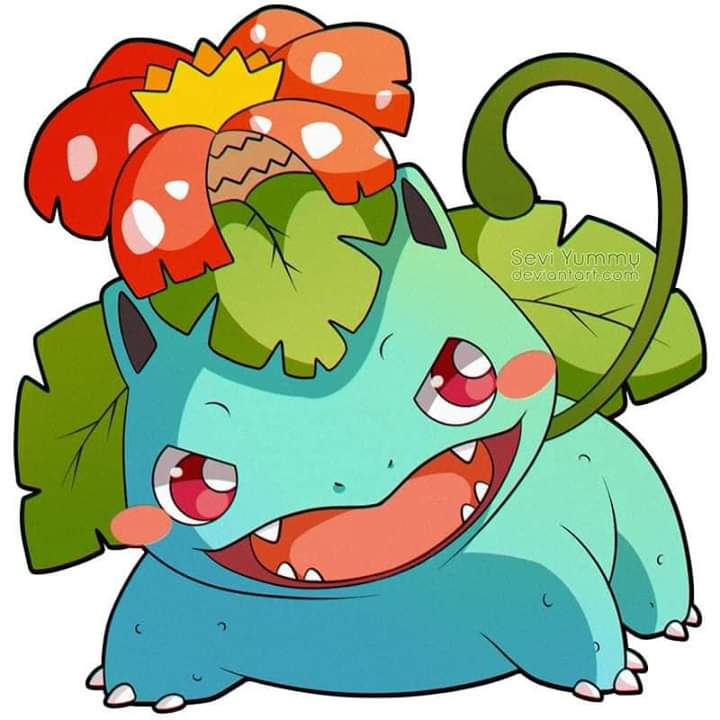 Venusaur Pokemon with red flower bulb, teal body, green leaves, and cheerful expression