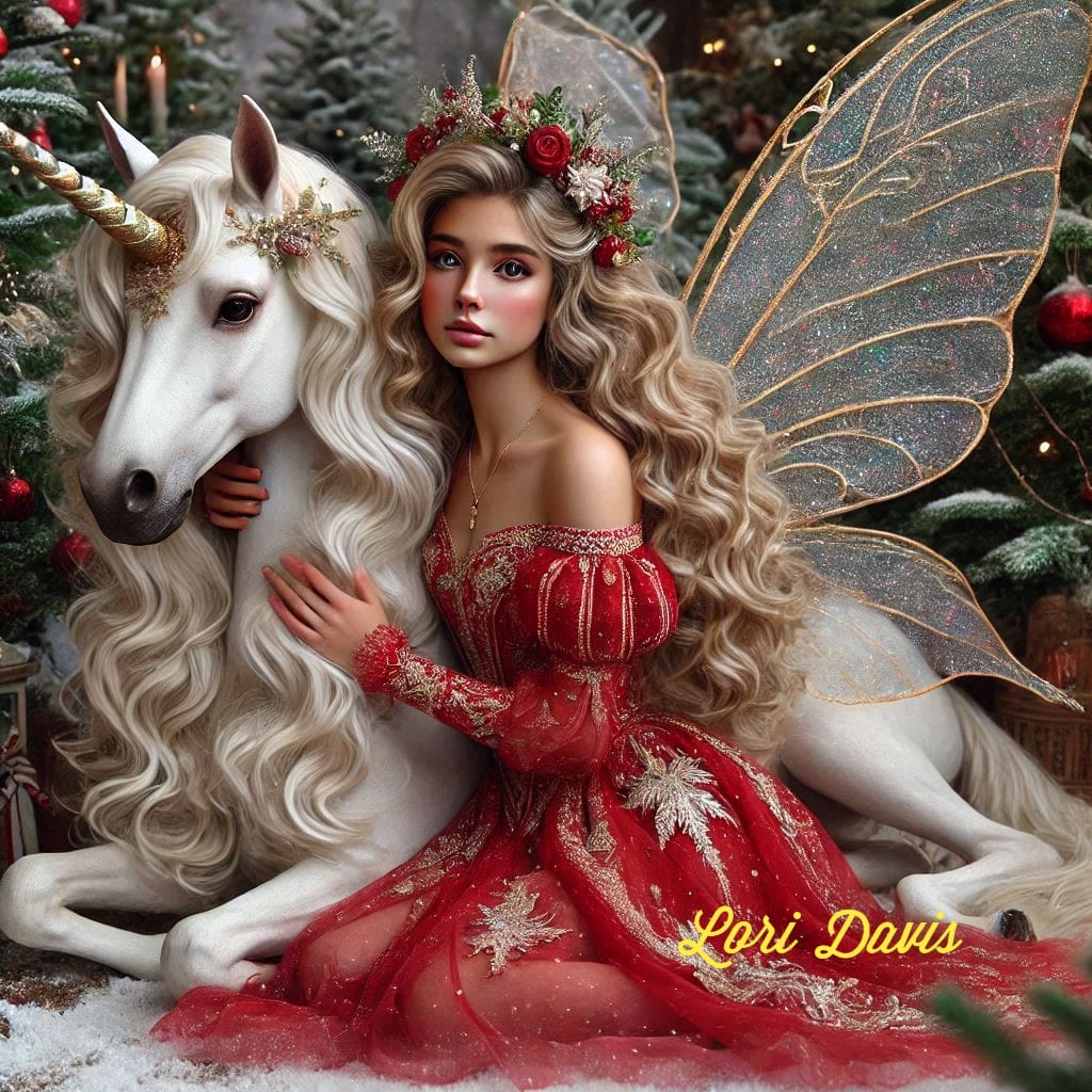 Fantasy fairy in a red Christmas dress beside a white unicorn in a snowy decorated forest