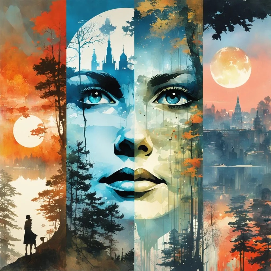 Surreal artwork of a woman's face merged with trees, city towers, a sun, and a glowing moon