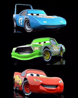 Three cartoon race cars on a black background: blue, green, and red stock cars with expressive faces