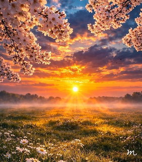 Sunset over a misty meadow with daisies framed by cherry blossom branches