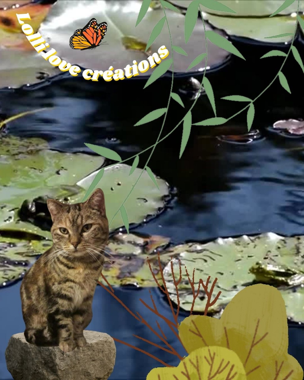 Striped tabby kitten on stone by pond with lily pads and yellow lotus flower