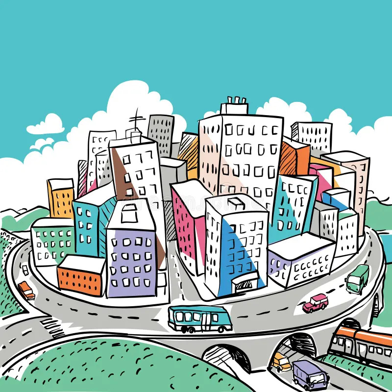Cartoon illustration of a whimsical city with colorful buildings on a circular road surrounded by green hills