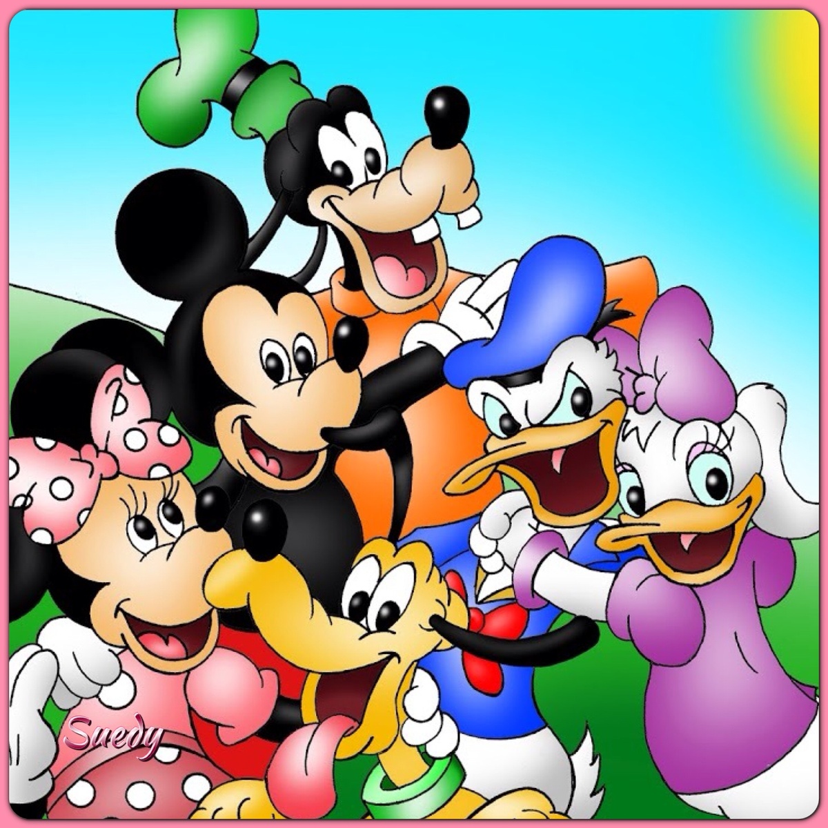 Colorful Disney cartoon characters including Mickey, Minnie, Pluto, Goofy, Donald, and Daisy