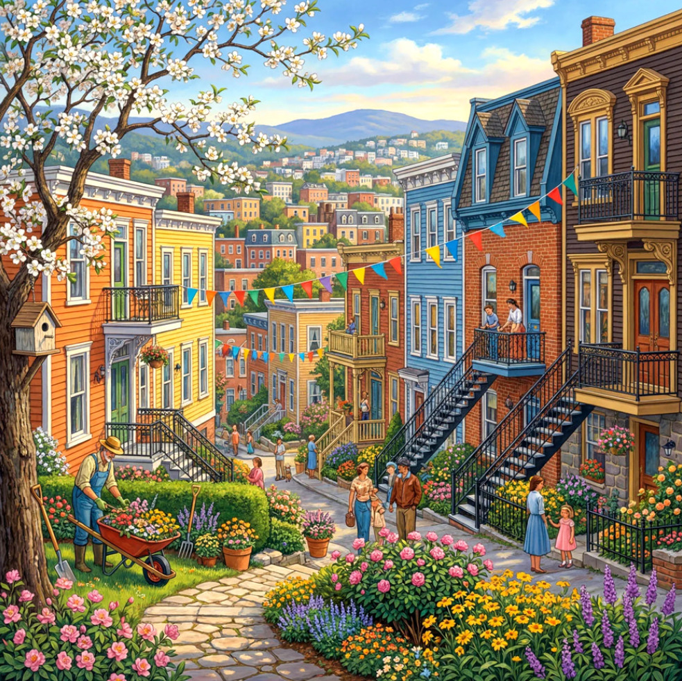 Colorful painting of a springtime city street with Victorian houses, flower gardens, and people walking
