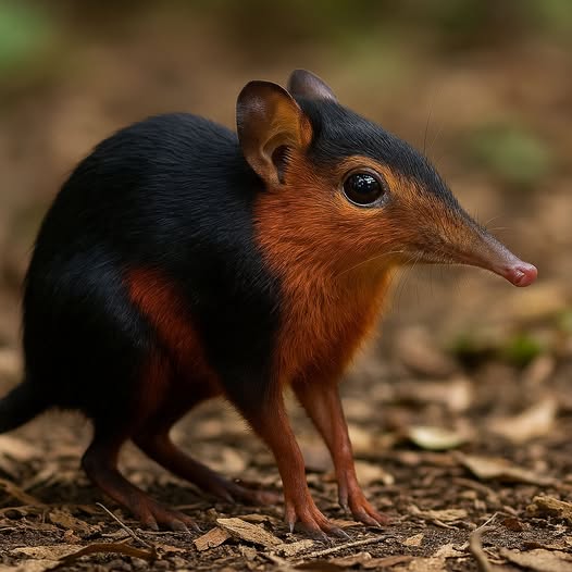 Black and rufous elephant shrew on a leaf-covered forest floor