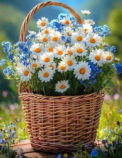 Wicker basket filled with white daisies and blue forget-me-nots in outdoor setting