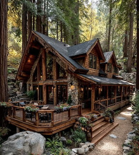 Rustic wooden cabin with stone foundation and deck surrounded by tall forest trees