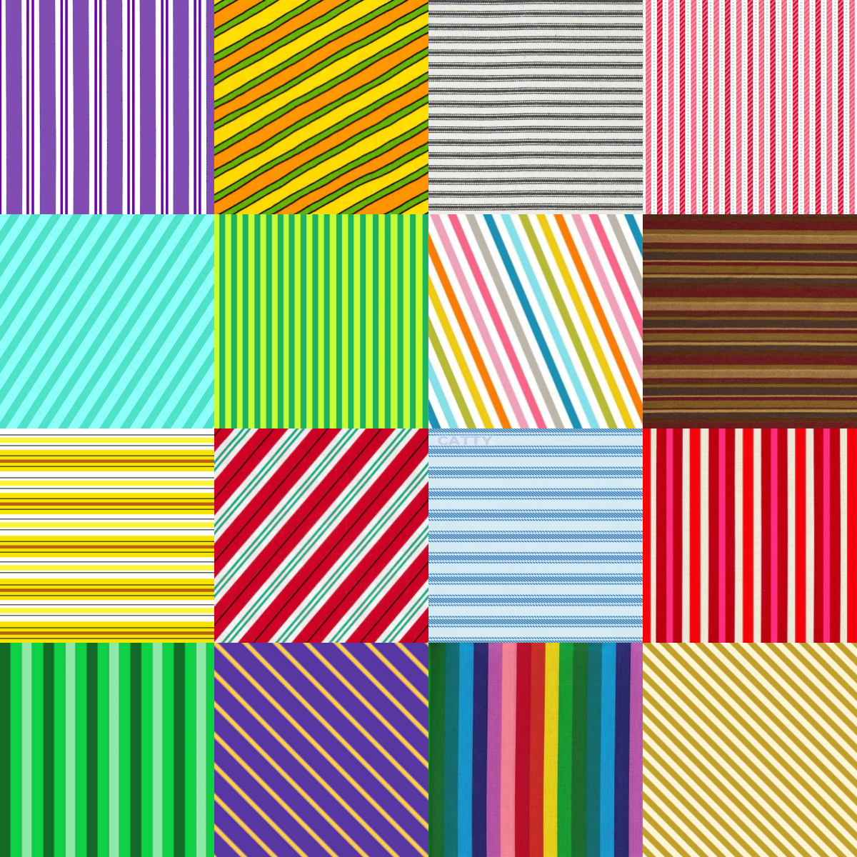 Grid of 16 colorful striped pattern squares in various colors and orientations