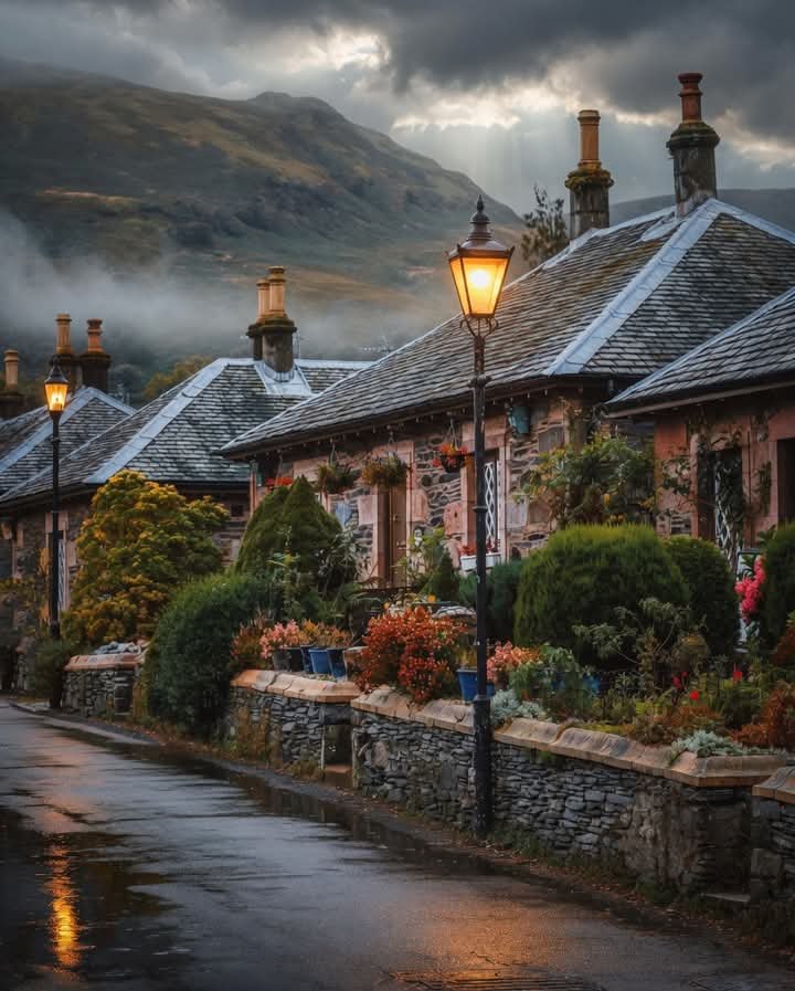 Stone cottages along a wet village street with glowing lampposts, gardens, and misty mountains at dusk