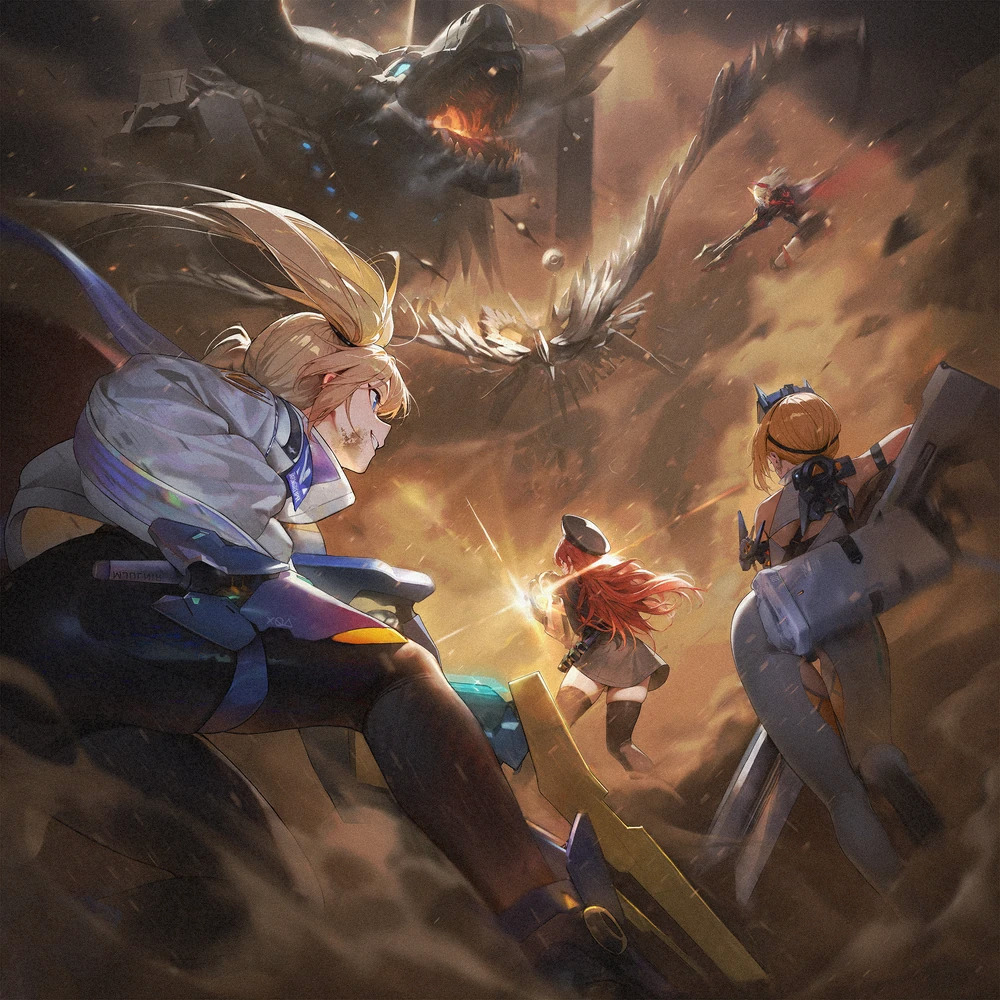 Anime characters battling a large horned dragon in a sandstorm with bright energy effects
