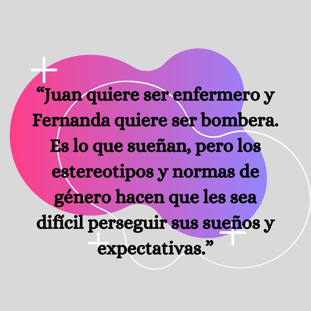 Spanish quote in black text over pink and purple abstract shapes on a light gray background