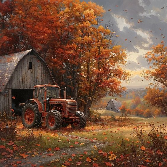 Red tractor parked beside weathered barn surrounded by brilliant orange autumn trees and fallen leaves