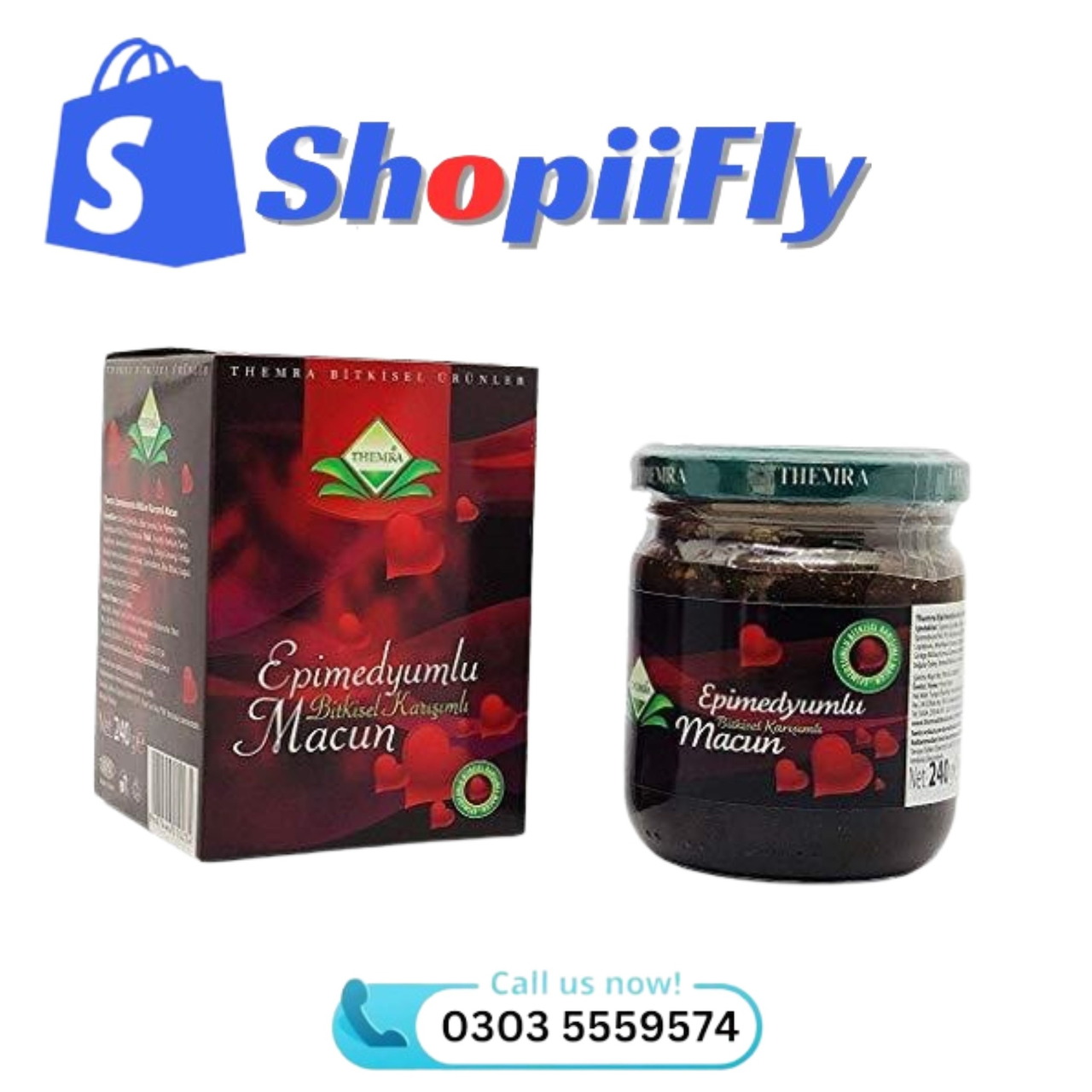 Box and jar of Themra Epimedyumlu Macun displayed on a white background