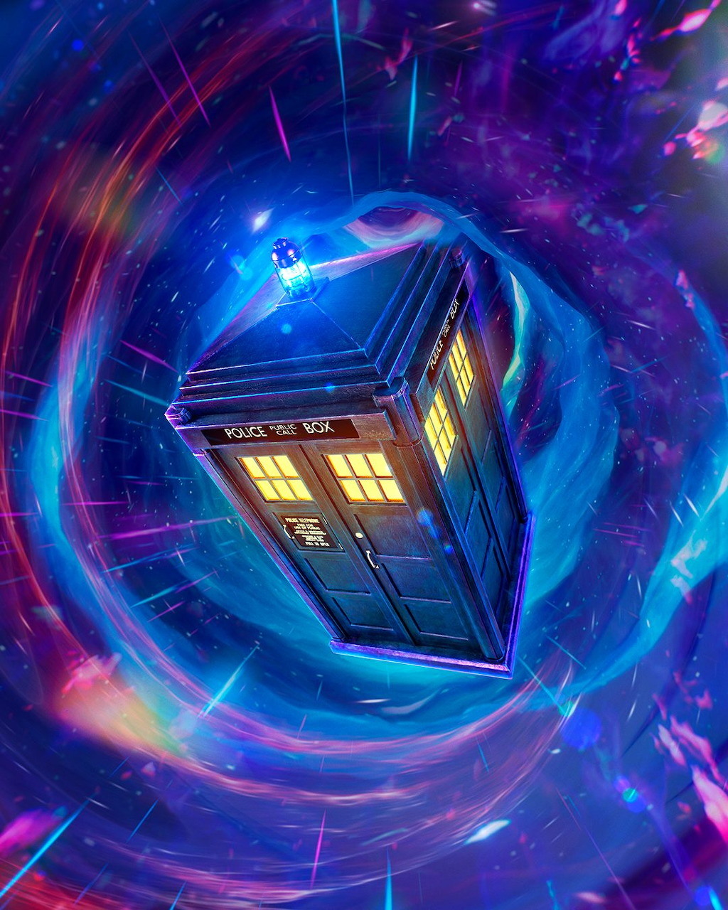 Illuminated blue police box TARDIS spinning in a swirling colorful space vortex