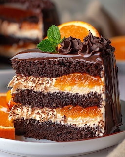 Slice of chocolate layer cake with orange filling, chocolate curls, candied orange slices, and mint on white plate